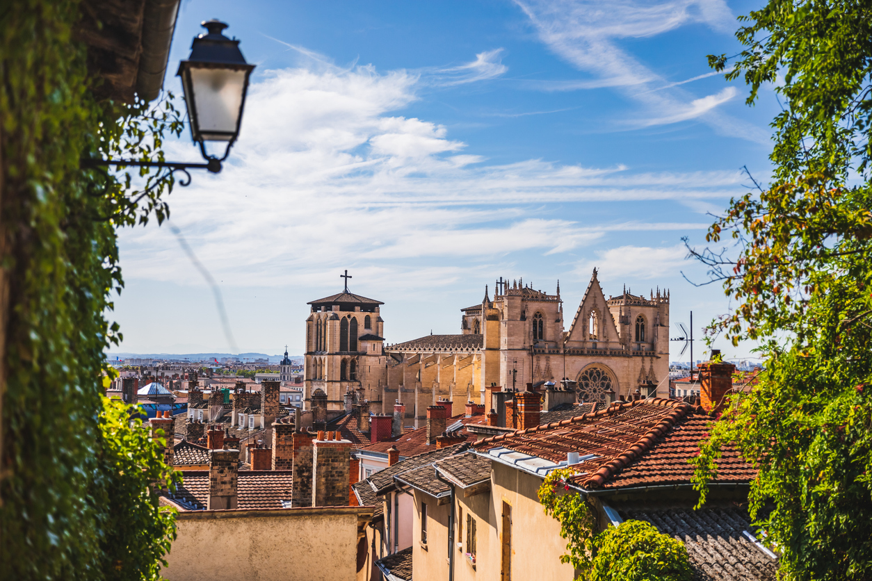 Stealth view of majestic St Jean Cathedral in Lyon French city seen from the slopes of Fourviere Traboule and Vieux Lyon district